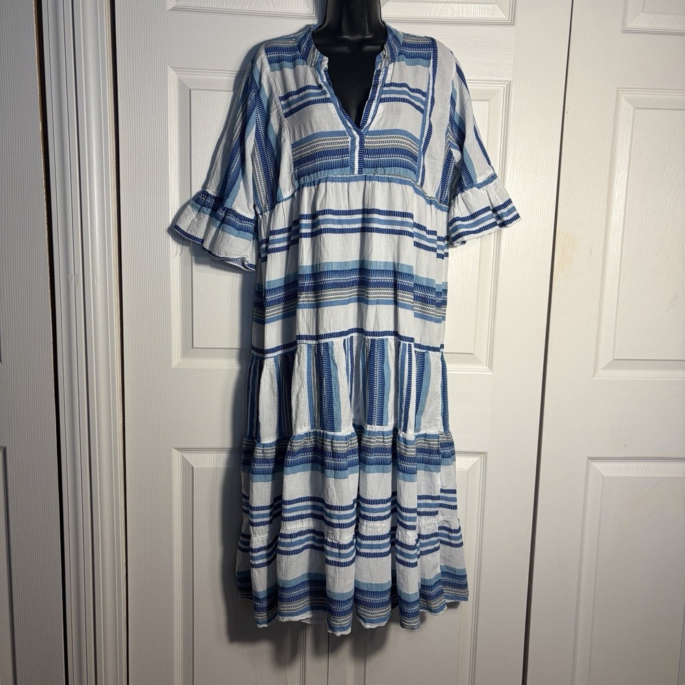 Greek 100% Bambaki Cotton Dress Women L White Blue Striped Tiered Boho Coastal